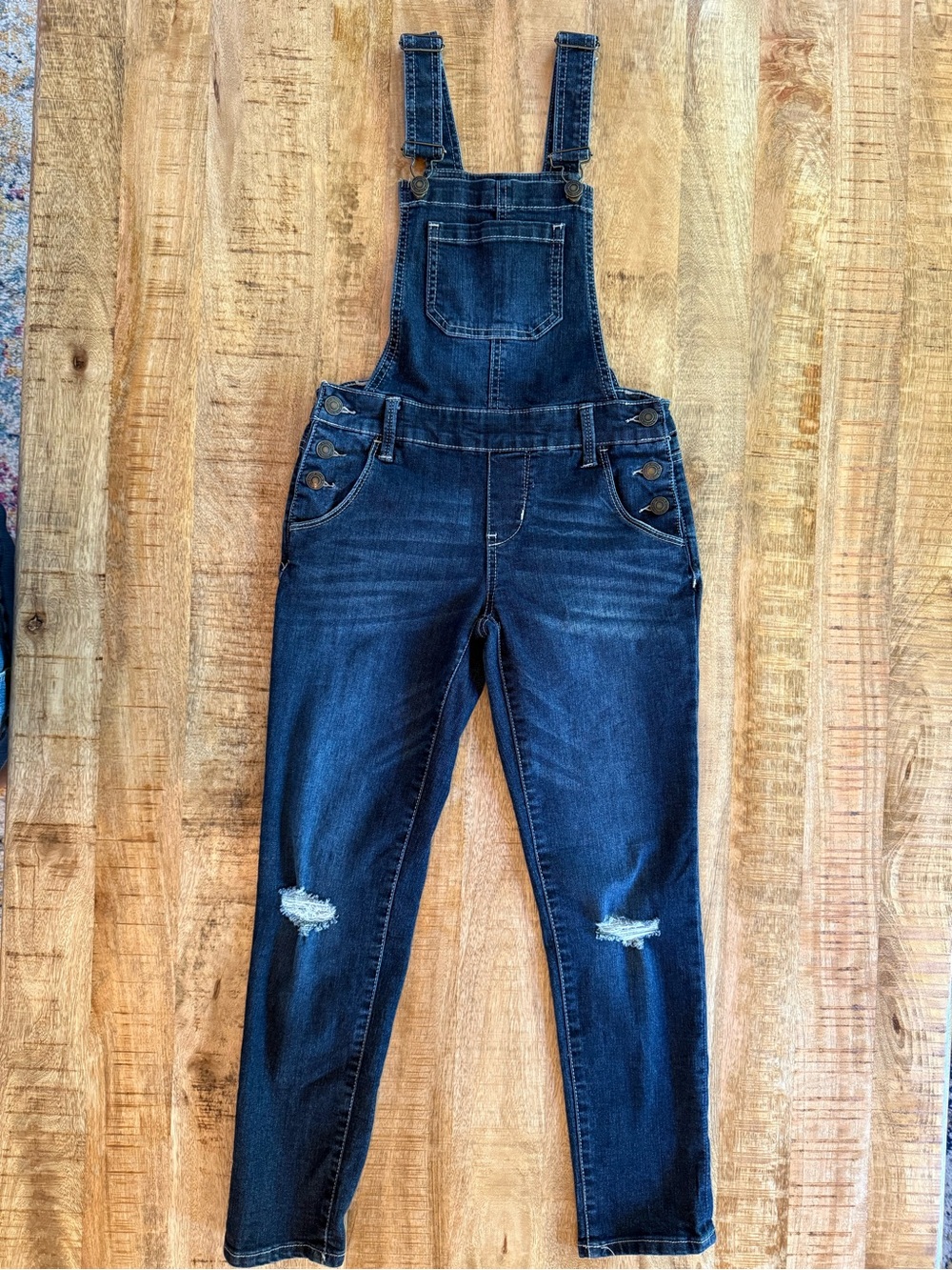 SO Denim Distressed Skinny Overalls Dark Wash Size 10 Stretch